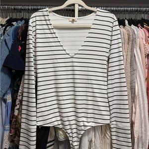 Pilcro Black and White Striped V-Neck Bodysuit